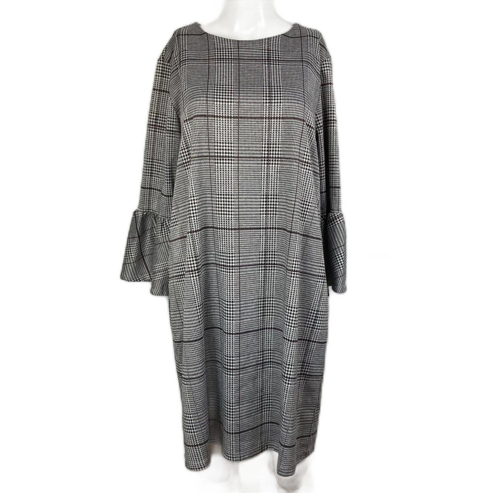 Beach Lunch Lounge Dress Womens Sz L Black White Houndstooth Plaid Ruffle Sleeve